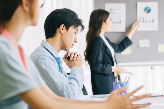 O líder da equipe da Ásia está fazendo uma apresentação para todos na sala de conferências sobre os planos do próximo ano