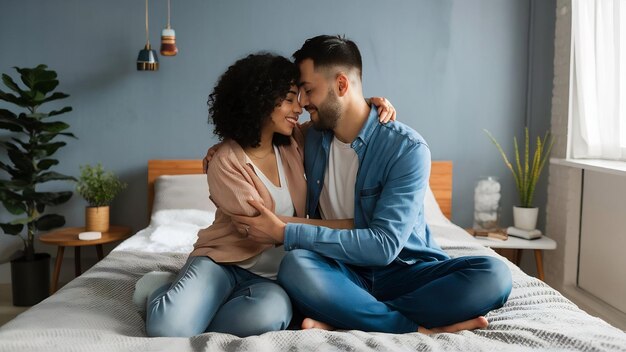 O lindo casal apaixonado abraçando-se e sentado na cama