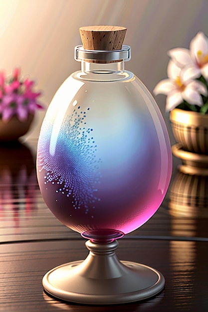 O líquido rosa roxo na garrafa de vidro é cristalino e bonito através da luz