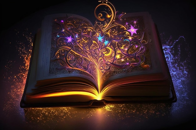 Foto o livro da luz é um livro que se abre numa página iluminada por uma lâmpada.