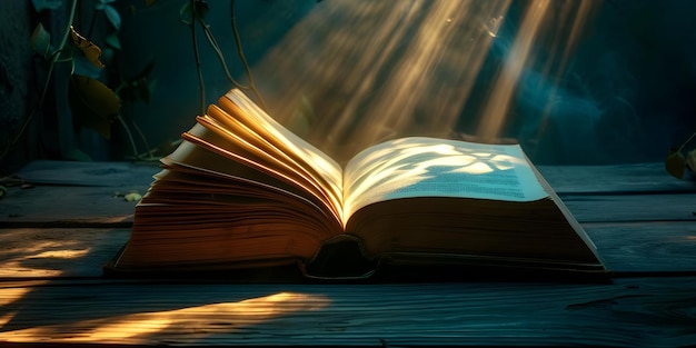 O Livro Encantado Radiando Luz Misteriosa e lançando um Feitiço Encantador nas Sombras Conceito de Fantasia Livro Misterioso Luz Encantador Feitiço Sombras Encantamento