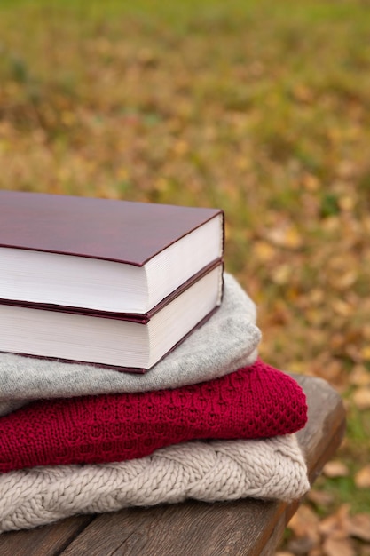 O livro está no suéter tricotado em tábuas ásperas de banco de madeira no fundo do parque outono ou cartão postal