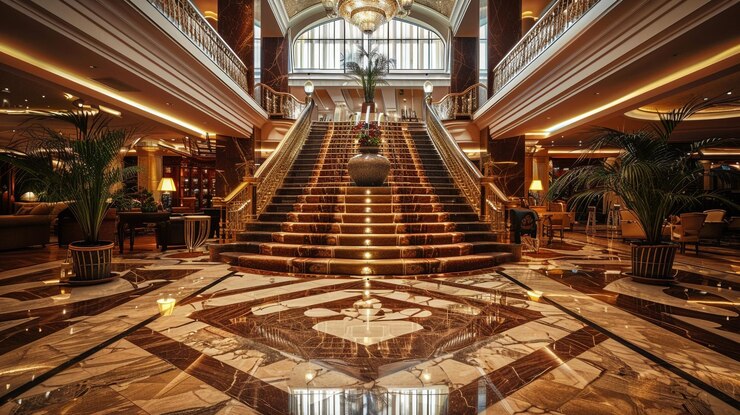 Foto o lobby do luxuoso hotel possui pisos de mármore e uma grande escada