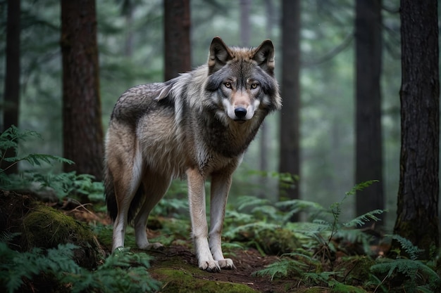 Foto o lobo majestico na floresta sereníssima
