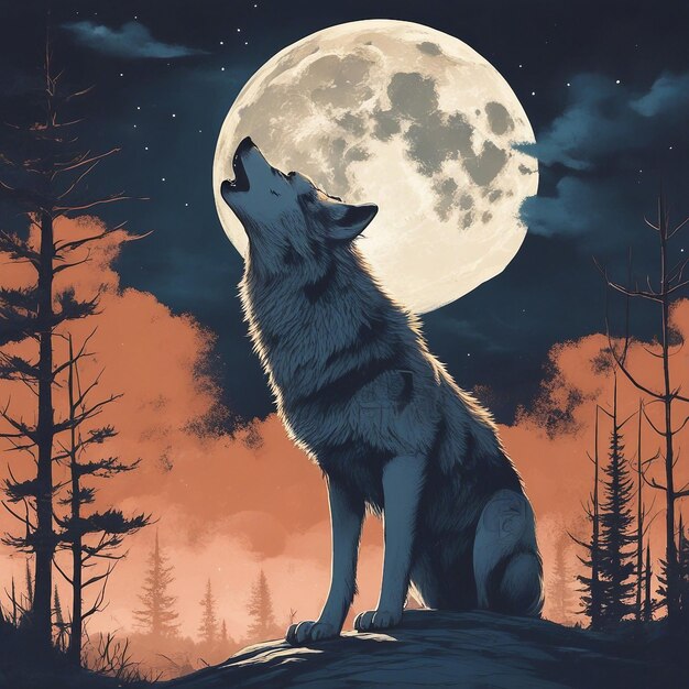 Foto o lobo místico uivando à lua na floresta encantada à noite