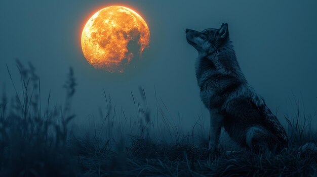 O lobo uiva para a lua.