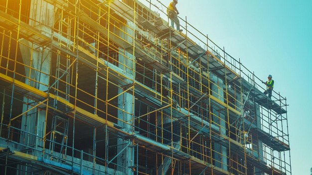 Foto o local de construção com os trabalhadores de andaimes progredindo