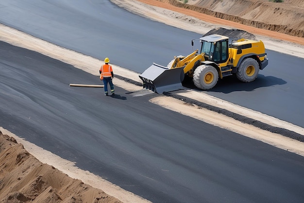 O local de construção está a colocar um novo pavimento de asfalto. Trabalhadores da construção de estradas e máquinas de construção de estrada. A paisagem do local de construção de rodovias.