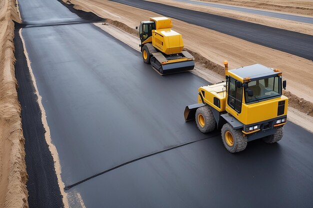 O local de construção está a colocar um novo pavimento de asfalto. Trabalhadores da construção de estradas e máquinas de construção de estrada. A paisagem do local de construção de rodovias.