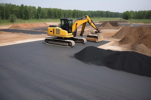 O local de construção está a colocar um novo pavimento de asfalto. Trabalhadores da construção de estradas e máquinas de construção de estrada. A paisagem do local de construção de rodovias.