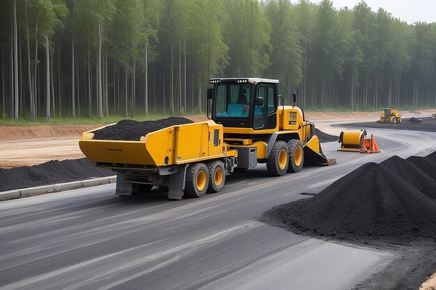 O local de construção está a colocar um novo pavimento de asfalto. Trabalhadores da construção de estradas e máquinas de construção de estrada. A paisagem do local de construção de rodovias.