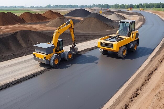 O local de construção está a colocar um novo pavimento de asfalto. Trabalhadores da construção de estradas e máquinas de construção de estrada. A paisagem do local de construção de rodovias.