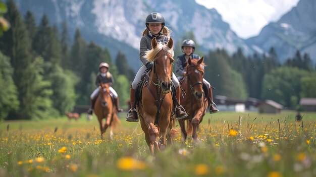 O local é uma fazenda de cavalos da Áustria onde as crianças podem andar a cavalo nos Alpes.