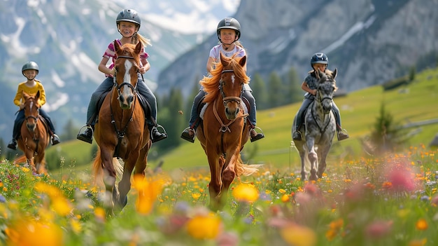 O local é uma fazenda de cavalos da Áustria onde as crianças podem andar a cavalo nos Alpes.