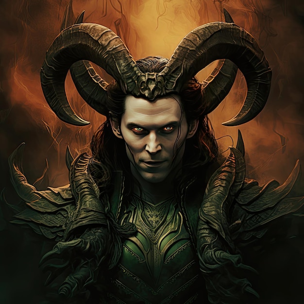 O Loki da Marvel com chifres de diabo e olhos demoníacos.