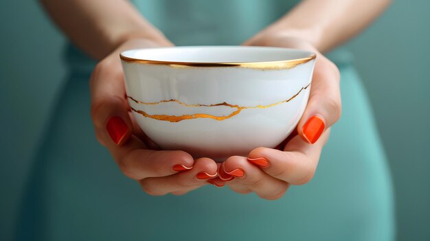 O luxo de abraçar as mãos femininas e a beleza da chávena de chá Kintsugi