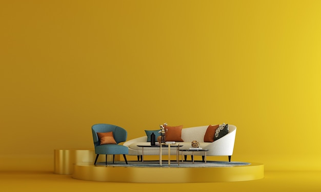 o luxuoso design da sala de estar e o fundo da parede com textura pintada de amarelo