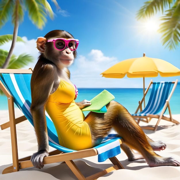 O macaco está desfrutando do sol e da areia ela está vestindo um fato de banho e está cercada por