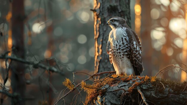 O macho do falcão-do-norte europeu empoleirado em uma árvore na floresta de pinheiros e carvalhos à última luz do dia