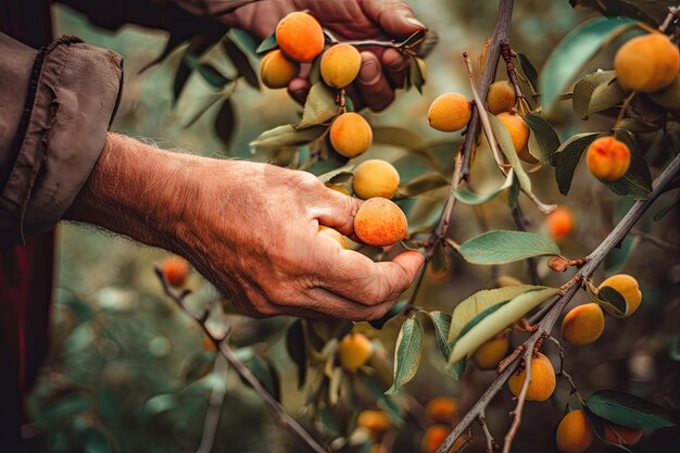 O macho recolhe à mão damasco maduro, um sabor da abundante doçura da natureza