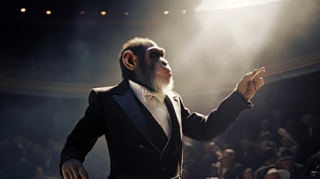 O maestro macaco conduz uma orquestra maestro himpanzee