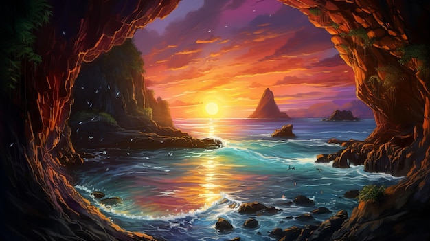 O mais maravilhoso pôr-do-sol flush dentro da caverna imagem de pintura acrílica arte gerada por IA