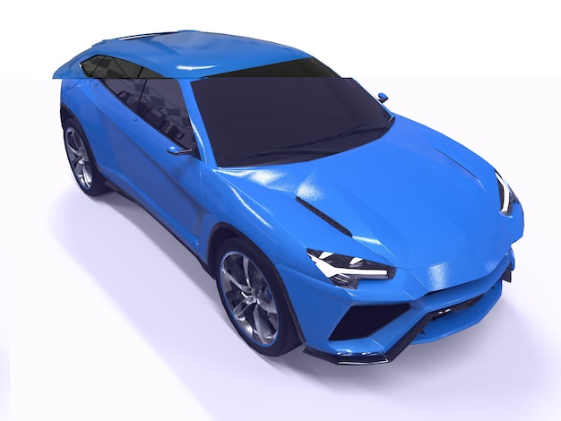 O mais novo crossover premium azul esportivo com tração nas quatro rodas em uma superfície branca