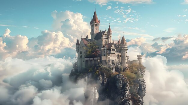 Foto o majestoso castelo fica no topo de um penhasco rochoso cercado por um mar de nuvens