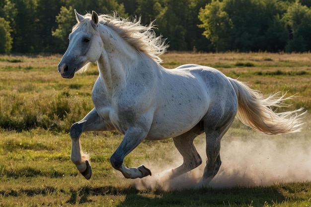 Foto o majestoso cavalo branco galopando no campo