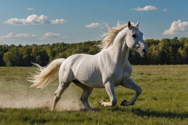 Foto o majestoso cavalo branco galopando no campo