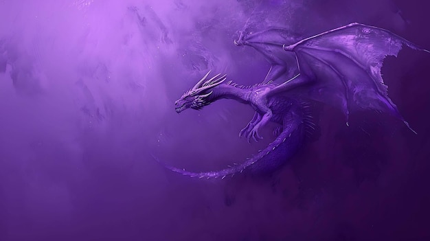 Foto o majestoso dragão roxo voa através de um céu roxo vibrante com as asas estendidas e a cauda atrás das escamas do dragão brilhando na luz