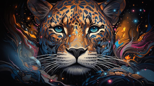 O majestoso e colorido jaguar com uma expressão neutra