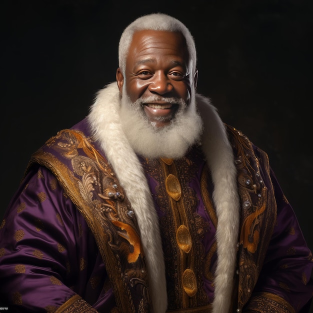 O majestoso e sorridente Papai Noel afro-americano Um toque realista de roxo e ouro