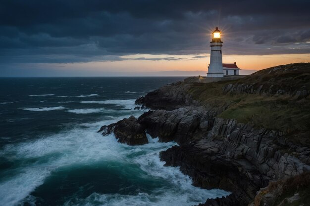 O majestoso farol do farol brilhando ao anoitecer