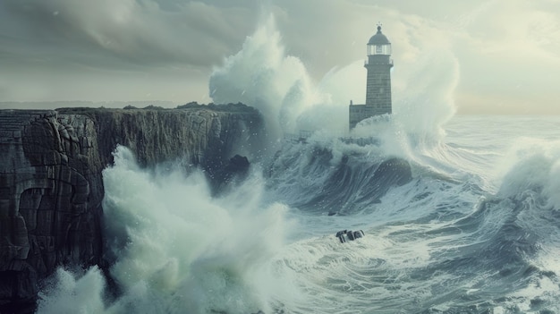 O majestoso farol resiste à fúria de um mar tempestuoso