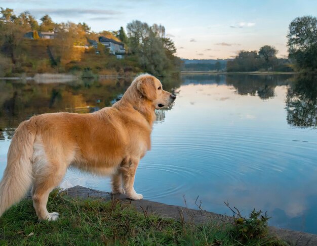 O majestoso golden retriever desfrutando da natureza ao lado do lago com o reflexo do céu e das nuvens