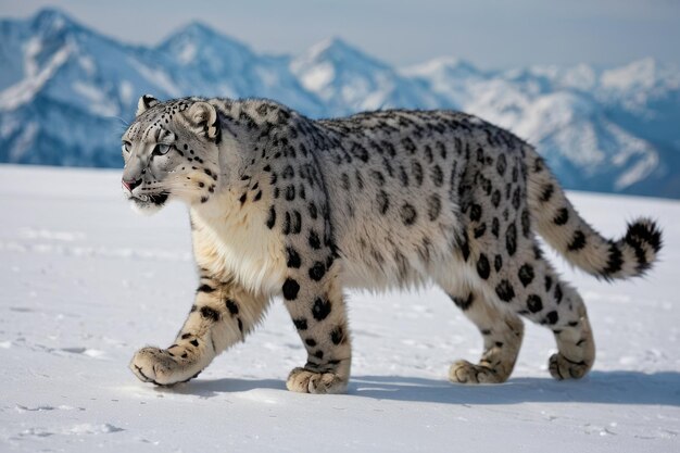 O majestoso leopardo-das-neves numa paisagem de inverno