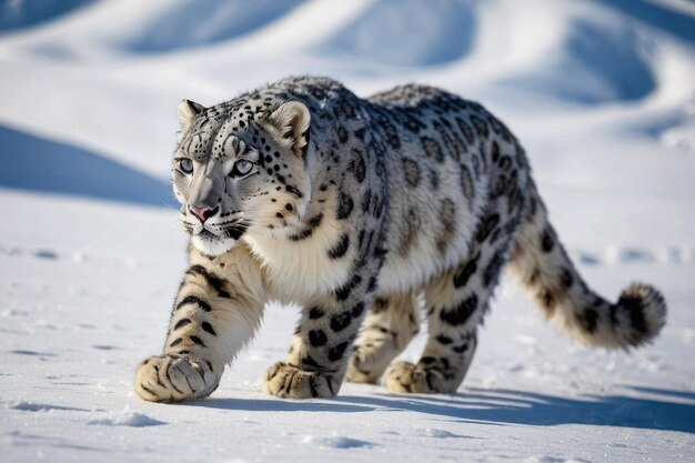 O majestoso leopardo-das-neves numa paisagem de inverno