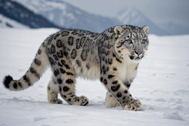 O majestoso leopardo-das-neves numa paisagem de inverno