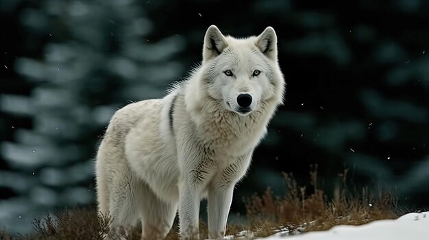 O majestoso lobo branco na paisagem da floresta nevada