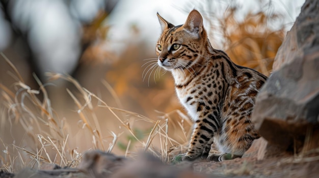 O majestoso oceloto selvagem vagueia pela grama seca no habitat natural na hora dourada