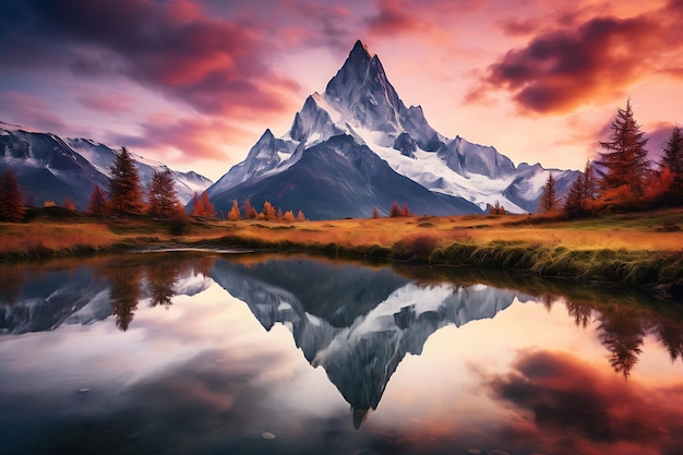 O majestoso pico da montanha reflete a beleza do outono no tranquilo prado gerado