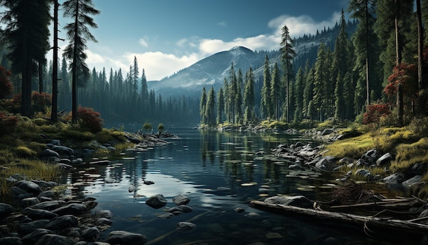 O majestoso pico da montanha reflete a beleza tranquila do outono na natureza gerada pela inteligência artificial