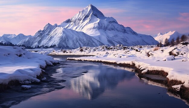 Foto o majestoso pico da montanha reflete o tranquilo céu azul gerado pela ia