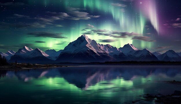 Foto o majestoso pico da montanha reflete o tranquilo céu estrelado no inverno gerado pela inteligência artificial