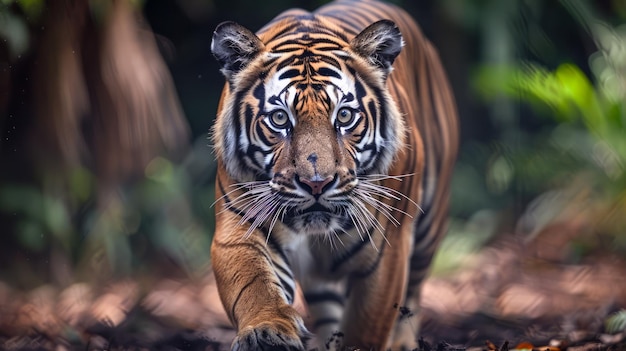 O majestoso tigre de Bengala adulto caminha através da densa floresta com um olhar intenso