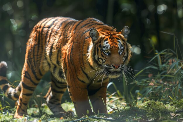 O majestoso tigre de Bengala vagueia em seu habitat natural, cercado de vegetação exuberante em um dia ensolarado