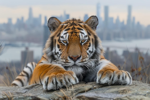 O majestoso tigre siberiano deitado em frente ao horizonte urbano em Sunrise Wildlife and City Life