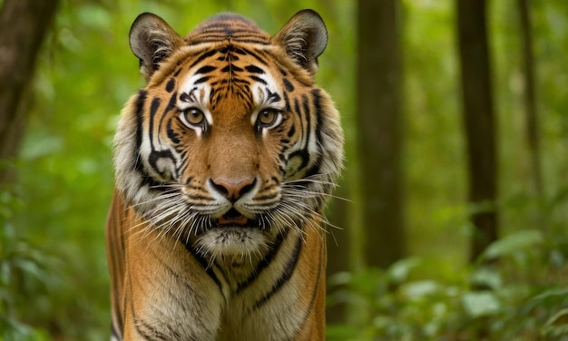 Foto o majestoso tigre vagueia pela floresta exuberante.