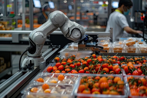 O manipulador robô classifica e embalou tomates frescos